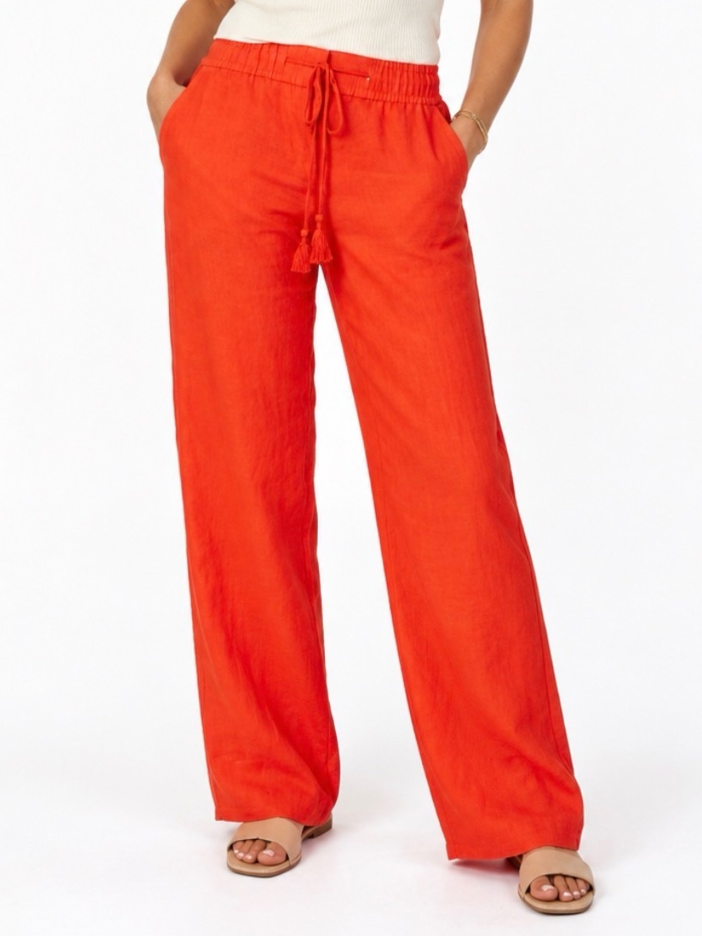 LOFT Women’s 12 Orange 100% Linen Wide Leg Tassel Drawstring Pull On Beach Pants